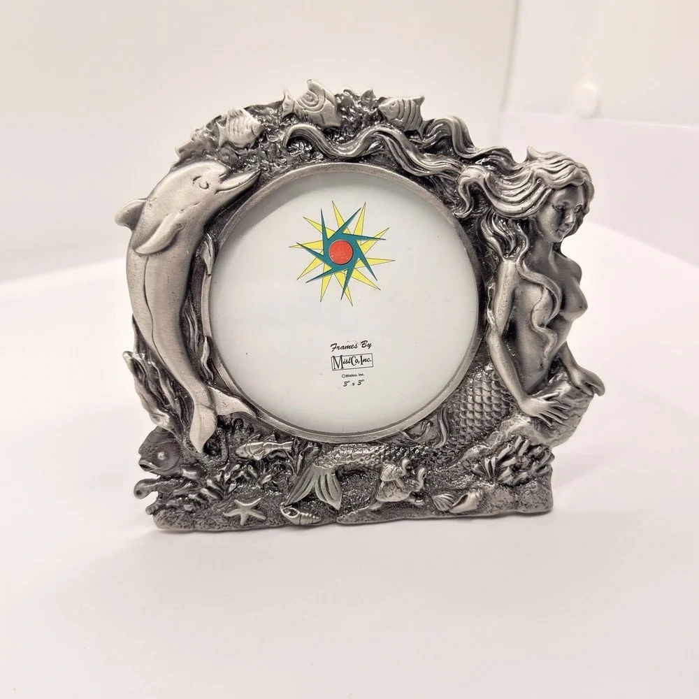 Vintage Cast Pewter Mermaid Dolphin Ocean Picture Frame 3x3 Coastal Beach Decor